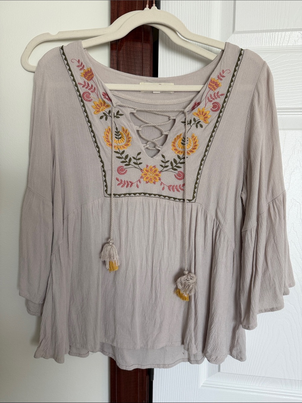 Embroidered Lace-Up Peasant Tunic — Light Taupe with Yellow & Pink Floral